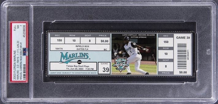 Miguel Cabrera MLB Debut & First Home Run Full Ticket From 2003 Flordia Marlins/Tampa Bay Devil Rays Game On 6/20/2003 (PSA NM 7)